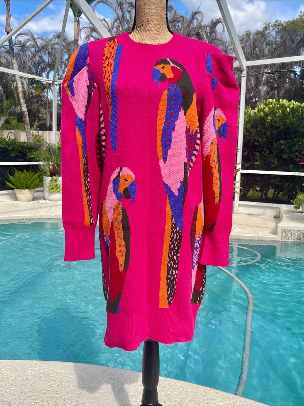 FARM Rio Hot Pink Parrot-Print Long Sleeve Knit Dress